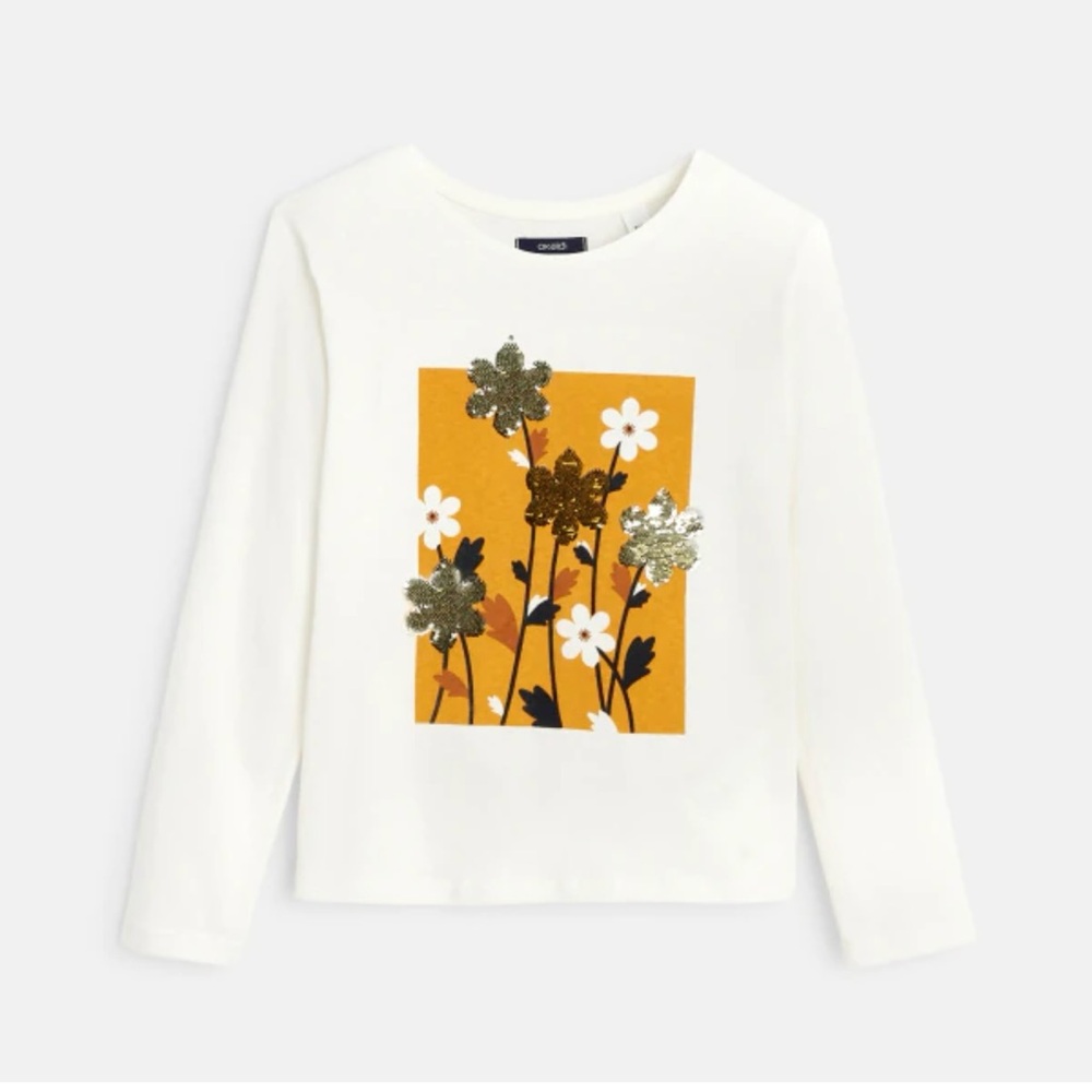 Girls Sequin Floral Long Sleeve Cotton Top Size 14